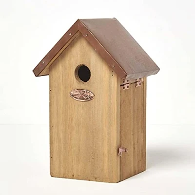 Image of HOMESCAPES Solid Wood Bird House Blue Tit Nesting Box H 26 F cm x W 16 Garden for Fence or Trees Crafted from Treated Alder with Copper Roof Ready Assembled Door &amp; Sloping