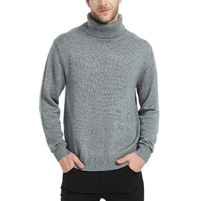 Image of Kallspin Men&#039;s Wool Blended Turtle Neck Knit Jumpers Long Sleeve Relaxed Fit Pullover Sweater (Light Grey, M)