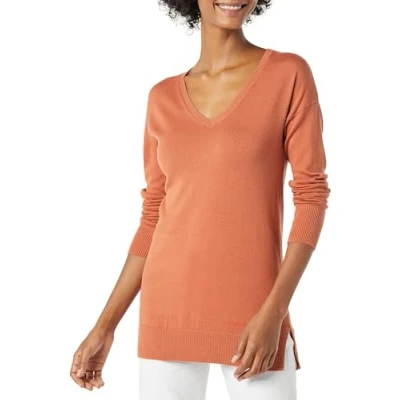 Image of Amazon Essentials Women&#039;s Lightweight Long Sleeved V Neck Tunic Sweater (Available in Plus Size), Caramel, XL