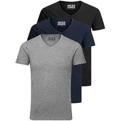 Image of Jack and Jones Men&#039;s T Shirt Basic V Neck Pack of 3 Plain Slim Fit in White Black Blue Grey Multicolour X Large