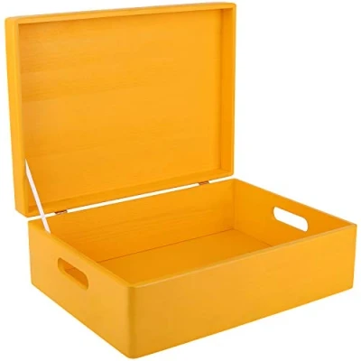Image of Creative Deco XL Yellow Wooden Storage Box 40 x 30 14 cm (+/ 1 cm) with Hinged Lid &amp; Handles Gift for Christmas Xmas Wood Keepsake Memory Chest
