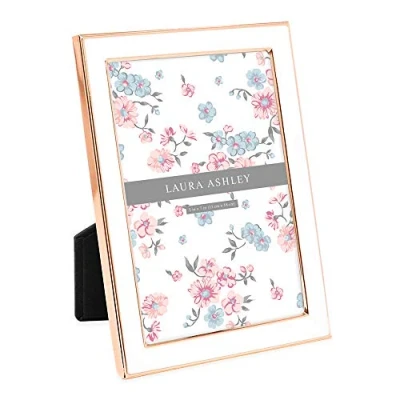 Image of Laura Ashley 5x7 White Enamel Picture Frame, Rose Gold Metal Edge with Easel, for Countertop, Counterspace, Tabletop Display, Bookshelf, Desk, Wall Décor, Photo Gallery