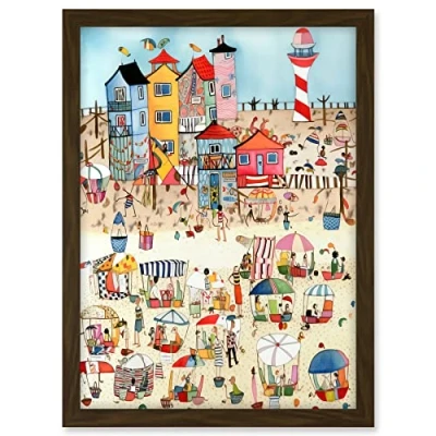 Image of Artery8 Day At The Seaside Abstract Folk Art Artwork Framed A3 Wall Print