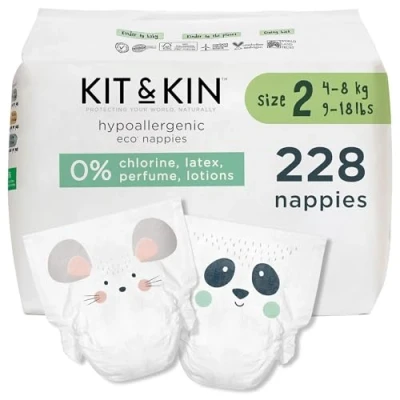 Image of Kit &amp; Kin Eco Nappies Size 2 Hypoallergenic and Sustainable (20 x 6 Packs, 240 Nappies)
