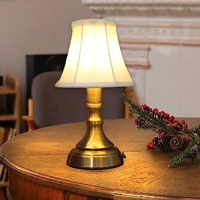 Image of ACMHNC Rechargeable Table Lamp, LED Cordless Retro Battery Operated Lamp for Bedroom Restaurant Dining Table, Touch Dimmable Bedside with Fabric Shade, Warm White, Gold
