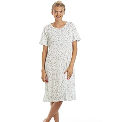 Image of Camille Womens Short Sleeved Floral Nightdress Ladies 100% Cotton Knee Length Nighties Comfortable &amp; Breathable Summer Nightwear with Button Fastening Aqua 10 12