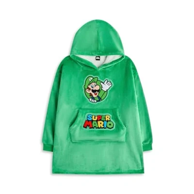 Image of Super Mario Nintendo Boys Wearable Blanket Hoodie Kids Green Hooded Pullover with Luigi Character Graphics Children&#039;s Sherpa Lined Loungewear Pockets Video Game Merchandise Gift