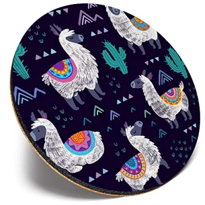 Image of Round Single Coaster Purple Llama Pattern Alpaca Cactus Glossy Quality Coasters Tabletop Protection for Any Table Type #46226