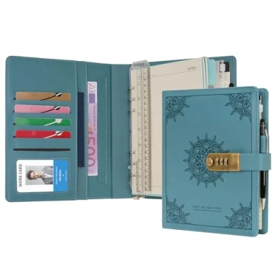 Image of WASON Diary with Lock A5 Binder Ruled Spiral Notebook Journal Planner Portfolio and Refillable Writing Lined Paper Notepad, Pen, Clipboard Organizer For Ideal Business, School &amp; Travel (Cyan)