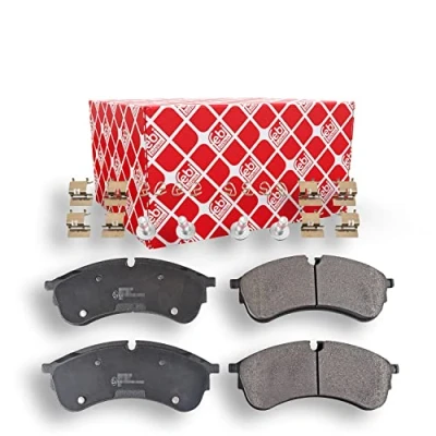 Image of 2N0698151A, 65508206001 Brake pad set FEBI BILSTEIN 116250 Front Axle prepared for wear indicator with fastening material attachment