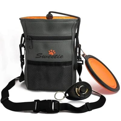 Image of Sweetie Premium Dog Treat Pouch Bag for Walking &amp; Training, with Poop Holder, Collapsible Bowl Free Clicker Perfect Puppy Kit