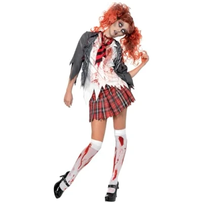 Image of Smiffys High School Horror Zombie Schoolgirl Costume, Grey with Jacket, Attached Shirt, Tie &amp; Skirt, Halloween Alley Fancy Dress, Dress Up Costumes