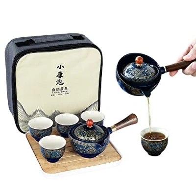 Image of fanquare Portable Chinese Travel Tea Set, Gold Flowers Handmade Kungfu Service, One Teapot, 4 Cups, Bamboo Tray with Bag, Dark Green