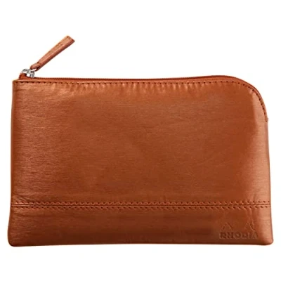 Image of RHODIA 116518C Faux Leather Zipped Pouch Copper Size S (11x17 cm) Real Stitching Orange Fabric Interior Storage of Documents, Small Supplies