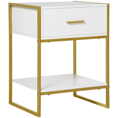 Image of HOMCOM Bedside Table, Modern Side Table with Drawer and Shelf, Nightstand for Bedroom, White