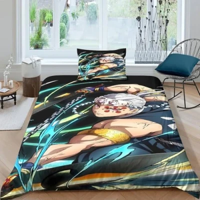 Image of GDEKCIEAS Anime 3D Demon Slayer Teens Bedding Set,2Pcs Duvet Cover And Comforter with Zipper,Lightweight Quilt for Adults Single（135x200cm）