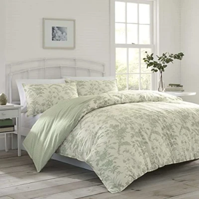 Image of Laura Ashley Home King Duvet Cover Set, Reversible Cotton Bedding with Matching Shams, Lightweight Decor for All Seasons (Natalie Sage, King)