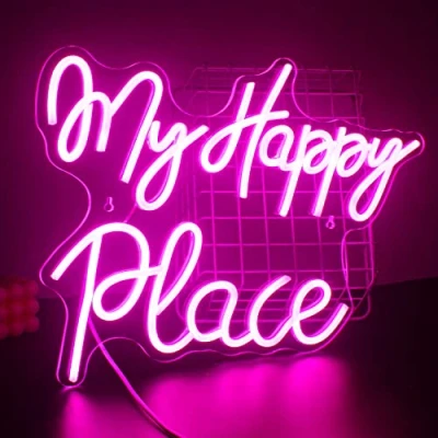 Image of SIGNSHIP My Happy Place neon Sign Led Light is Used for Wall Decoration, USB Powered Pink Letters Acrylic Art Decoration Bedroom, Game Room, Living bar