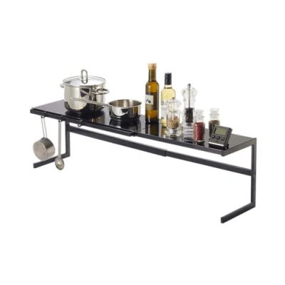 Image of YAMAZAKI Home Expandable Support Rack Kitchen Storage Organizer Steel Countertop Shelf, Alloy, Black, One Size