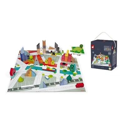 Image of Janod From 3 Years Kubix 60 Blocks + 20 Piece ABC Puzzle Solid Wood Construction Game Play Mat Practical Storage in Barrel J08304