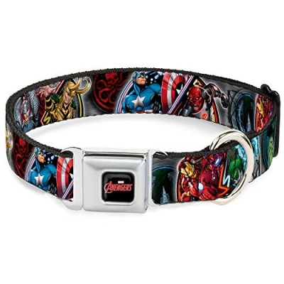 Image of Buckle Down Seatbelt Dog Collar Marvel Avengers 4 Superhero Poses CLOSE UP 1.5&quot; Wide Fits 18 32&quot; Neck Large