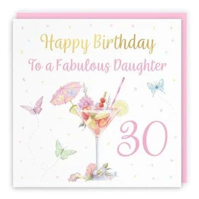 Image of Hunts England 30th Daughter Pink Cocktail And Butterflies Birthday Card Luxury Gold Foil Milo&#039;s Gallery Age 30 Drinks, Flowers, Hearts Elegant For Thirty