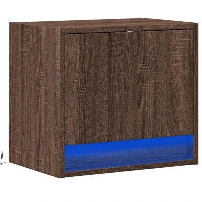 Image of vidaXL Wall mounted Bedside Cabinet with LED Lights Floating Nightstand Drawer &amp; Compartment Brown Oak, 41x31x45 cm