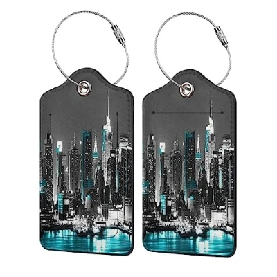 Image of New York Paintings Luggage Tags Leather Baggage Tag for Suitcase Travel Bag Labels with Privacy Cover Name ID Card