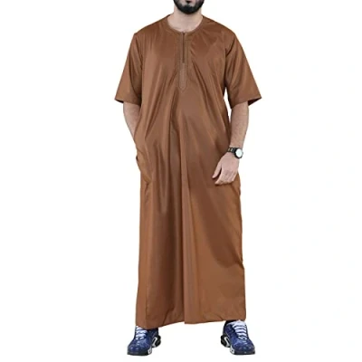 Image of Mens Thobe Jubba Islamic Clothing Kaftan Half Sleeve Robe Moroccan Arab Zipped Brown XL 58
