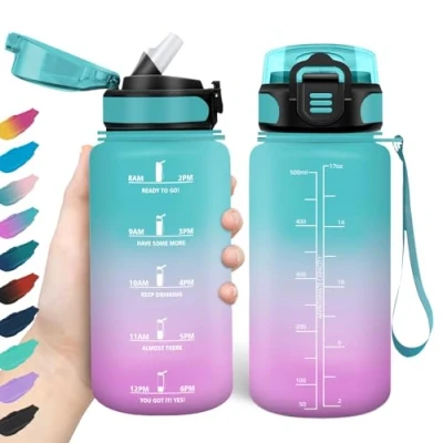 Image of HoneyHolly Water Bottle 500 ml, Leak Proof, BPA Free, Motivational with Time Marking, Straw, Sports for Children, Bicycle, Fitness, School, Office