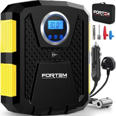 Image of FORTEM Car Tyre Inflator 150 PSI, Air Compressor, 230V AC 12V DC Electric Pump for Tires, Digital Tire Pressure Gauge w/Auto Pump/Shut Off, Carrying Case