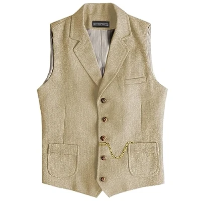 Image of Solovedress Mens Vintage Suit Waistcoat V Neck Wool Blend Regular Fit Vest for Wedding(Champagne,XXXL)