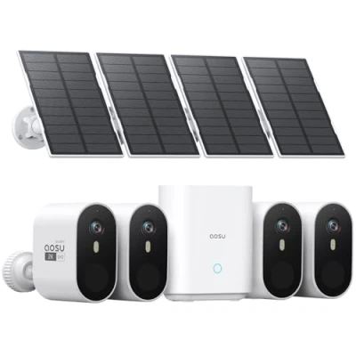 Image of AOSU Solar Security Cameras Wireless Outdoor, 2K QHD Home System, 4 Kit with 166 Ultra Wide View, Forever Power, Spotlight Camera, 32G Local Storage, No Monthly Fee