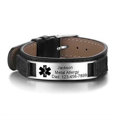 Image of KAULULU Personalised Medical Alert Leather Bracelets for Mens Womens Stainless Steel Adjustable Band Emergency Bracelet With Engrave ID Text and Symbol Gift Father Boyfriend M (#5)