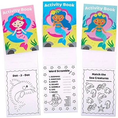 Image of Baker Ross FC954 Mermaid Mini Activity Books for Kids Pack of 12, Entertaining Travel Activities, Party Favours, and Colouring Children