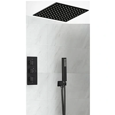 Image of Milano Preto Modern Triple Thermostatic Mixer Shower Valve with 400mm Ceiling Mounted Square Recessed Rainfall Head and Hand Handset Kit Black