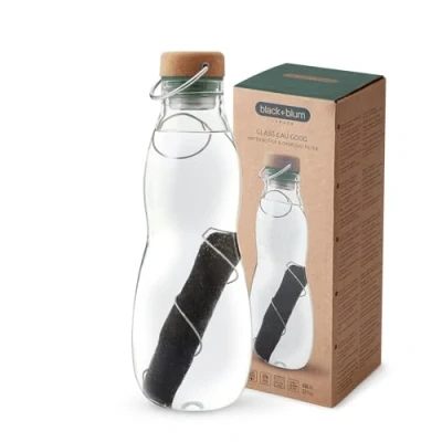 Image of Black+Blum Eau Good Glass Water Bottle Leak Proof Borosilicate with Screw Fit Wood Fibre Lid, Carry Loop and Protective Sleeve Olive 650ml