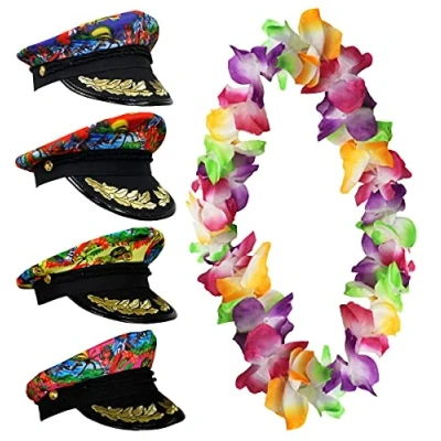 Image of Sailor Hat Hawaiian Look + Multi Coloured Lei Necklace Fancy Dress Hula Set Captain Boat Party Hawaii (Yellow)