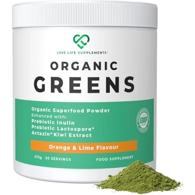 Image of Organic Greens Powder by LL Supplements 7 Green Vegetables &amp; Fruits Including Pea Protein Actazin Kiwi Extract, Prebiotics Probiotics, Orange and Lime Flavour, 273g 30 Servings