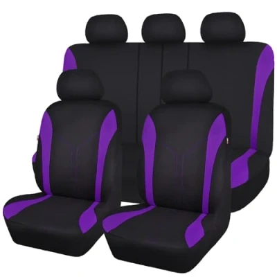 Image of Flying Banner Universal Fit Car Seat Cover Sets Mesh Fabric Splicing Polyester (Full Set, Black and Purple)