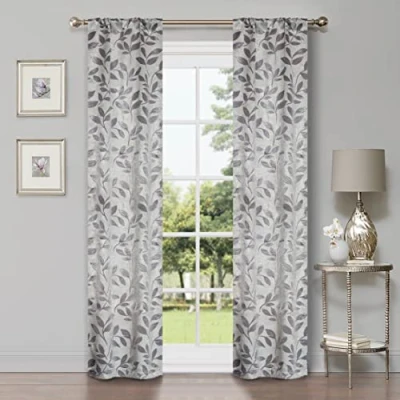 Image of Superior Blackout Curtains, Room Darkening Window Accent for Bedroom, Sun Blocking, Thermal, Modern Bohemian Leaves Collection, Set of 2 Panels, Rod Pocket 26 in x 63 in, Grey