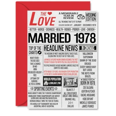 Image of 46th Anniversary Cards for Men Women Married 1978 Newspaper Happy 46 Wedding Card Husband Wife Dad Mum Nan Grandad Vintage Retro 1978, A5 Greeting