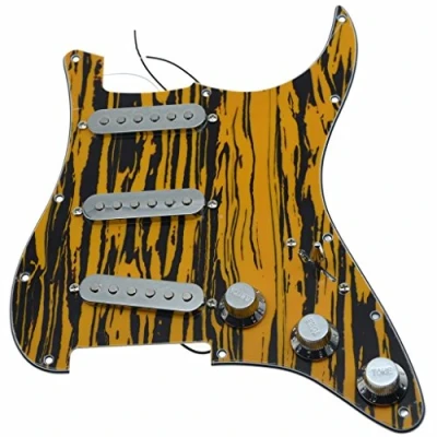 Image of KAISH Loaded American ST/Strat Style SSS Pickguard Prewired Pick Guard With Ceramic Pickups for Stratocaster/Strat Black Yellow Stripe Chrome Covers and Knobs