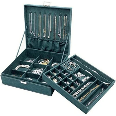 Image of ProCase Jewellery Box Organiser, 2 Tiers Large Boxes Storage Cases for Earrings, Bracelets, Rings, Necklaces Green