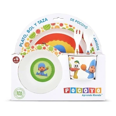 Image of maxifiestas Pocoyo Place Setting, 5pc (Plate, Cup, Spoon, Fork, Bowl), Children, Unisex, Glossy, Round, Cartoon Design, Dishwasher Safe, Reusable