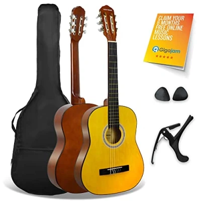 Image of 3rd Avenue XF 3/4 Size Junior Kids Classical Spanish Starter Beginner Pack Acoustic Guitar with Nylon Strings, Gig Bag, Capo and Picks Natural