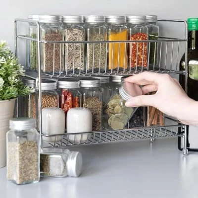 Image of Navaris 2 Tier Spice Rack Kitchen Countertop Free Standing Organiser for Spices, Herbs, Seasonings Metal Storage Stand Ingredients Silver