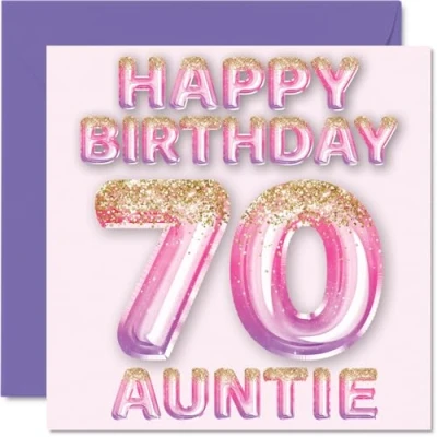 Image of 70th Birthday Card for Auntie Pink &amp; Purple Glitter Balloons Happy Cards 70 Year Old Aunt Aunty from Nephew Niece, 145mm x Bday Greeting Gift