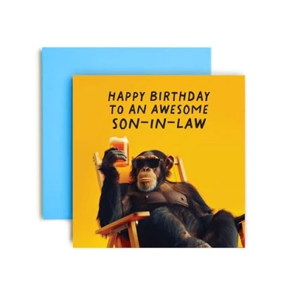 Image of Huxters Funny Son In Law Happy Birthday Card Awesome Monkey Beer Day Gift for Him 14.8cm (Son Law)