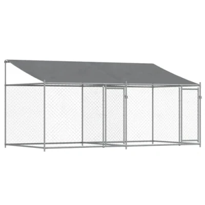 Image of vidaXL Galvanised Steel Dog Kennel with Roof Grey Outdoor Cage, Lockable Doors, Sturdy Metal Crate 4x2x2m for Exercise/Play